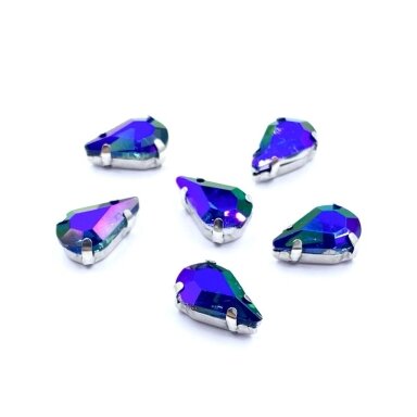 13x8mm mėlynos AB sp. kristalai sidabro sp. rėmeliuose, 6vnt.