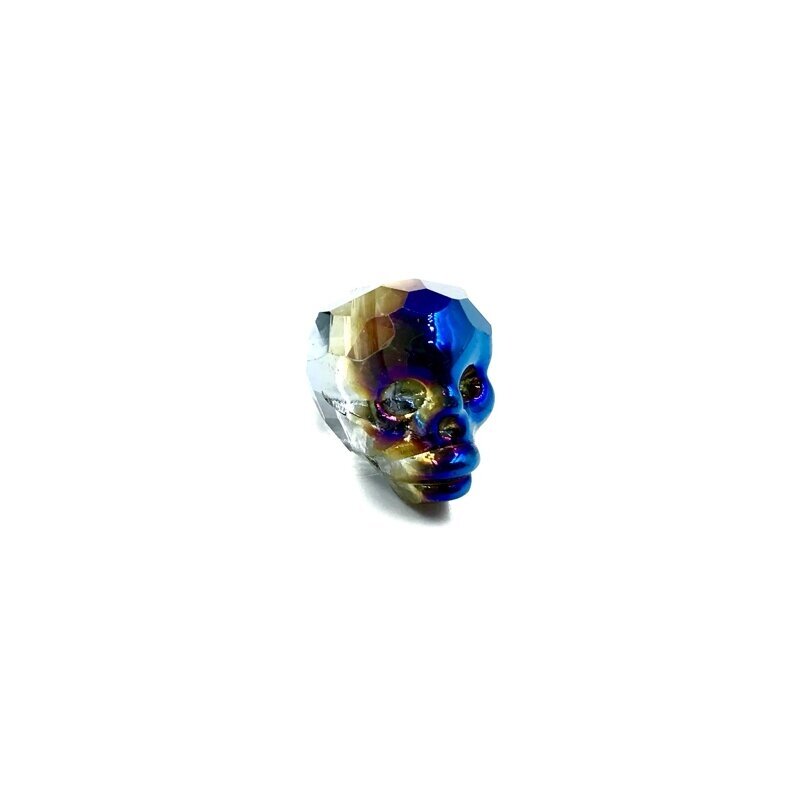 14x13mm melsvos ir aukso sp. stiklo karoliukas kaukolė, 1vnt. 1
