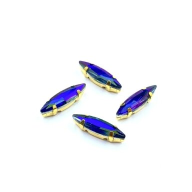 15x4mm mėlynos AB sp. kristalai aukso sp. rėmeliuose, 4vnt