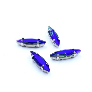 15x4mm mėlynos AB sp. kristalai sidabro sp. rėmeliuose, 4vnt