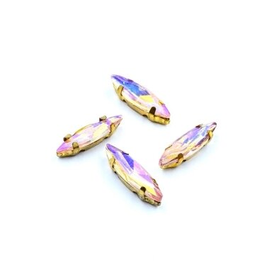 15x4mm švelnios rožinės AB sp. kristalai aukso sp. rėmeliuose, 4vnt