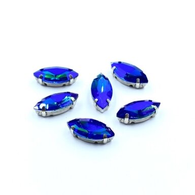 15x7mm mėlynos AB sp. kristalai sidabro sp. rėmeliuose, 6vnt