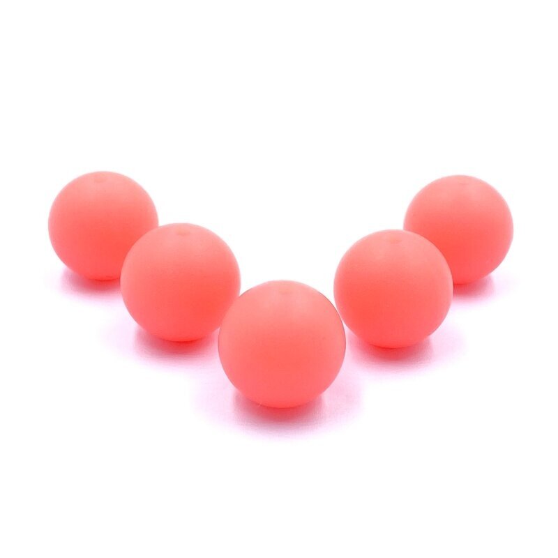 15mm koralų spalvos tamsoje šviečiantys silikoniniai karoliukai, 5vnt.