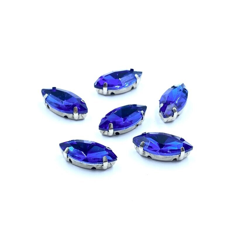 15x7mm mėlyna sp. kristalai sidabro sp. rėmeliuose, 6vnt