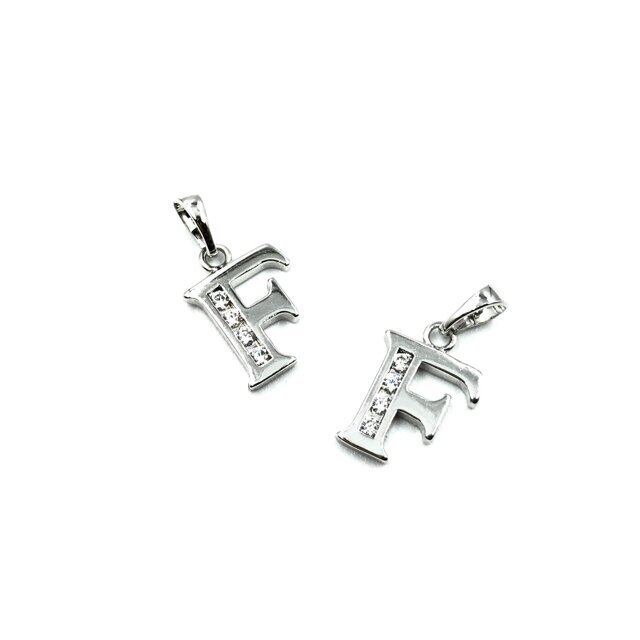 16x11mm sidabro sp. nerūdijančio plieno pakabukas su cirkoniais F raidė, 1vnt.