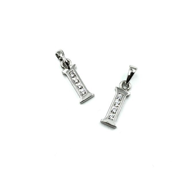 16x5mm sidabro sp. nerūdijančio plieno pakabukas su cirkoniais I raidė, 1vnt.