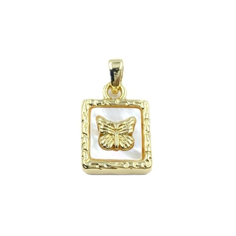 17x12mm 14k aukso sp. nerūdijančio plieno ir kriauklės pakabukas drugelis, 1vnt.