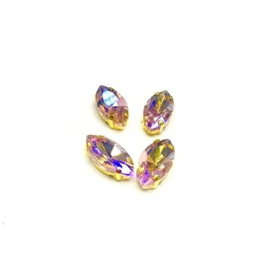 18x10mm švelnios rožinės AB sp. kristalai aukso sp. rėmeliuose, 4vnt