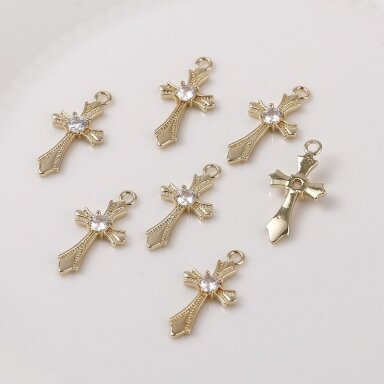 20x11mm 14k aukso sp. nerūdijančio plieno pakabukas su cirkoniais kryžius, 1vnt.