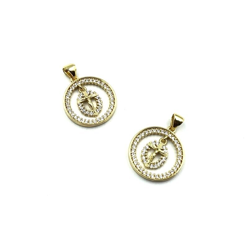 20x18mm aukso sp. nerūdijančio plieno pakabukas su cirkoniais kryžius, 1vnt.