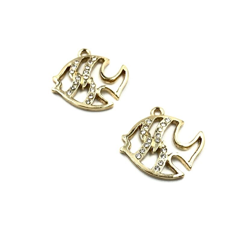 20x21mm 16k aukso spalvos nerūdijančio plieno pakabukas su cirkoniais žuvis, 1vnt.