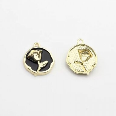 22x18mm 14k aukso ir juodos sp. nerūdijančio plieno pakabukas rožė, 1vnt.