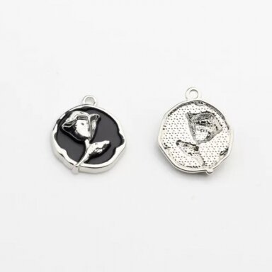 22x18mm platinos ir juodos sp. nerūdijančio plieno pakabukas rožė, 1vnt.