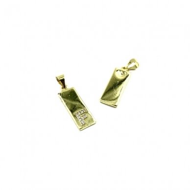 24x8mm aukso sp. nerūdijančio plieno pakabukas su cirkoniais F raidė, 1vnt. 24x8mm aukso sp. nerūdijančio plieno pakabukas su cirkoniais F raidė, 1vnt.