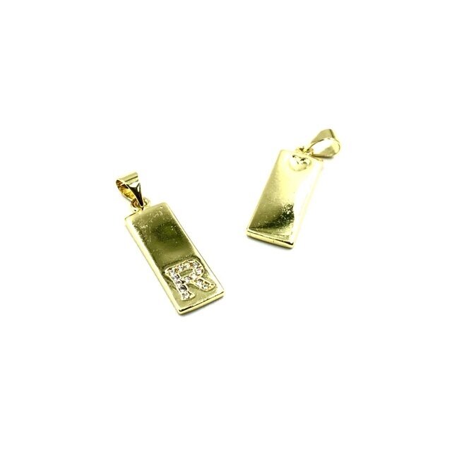 24x8mm aukso sp. nerūdijančio plieno pakabukas su cirkoniais R raidė, 1vnt. 24x8mm aukso sp. nerūdijančio plieno pakabukas su cirkoniais R raidė, 1vnt.