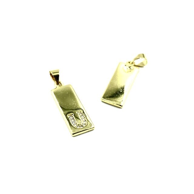 24x8mm aukso sp. nerūdijančio plieno pakabukas su cirkoniais U raidė, 1vnt. 24x8mm aukso sp. nerūdijančio plieno pakabukas su cirkoniais U raidė, 1vnt.