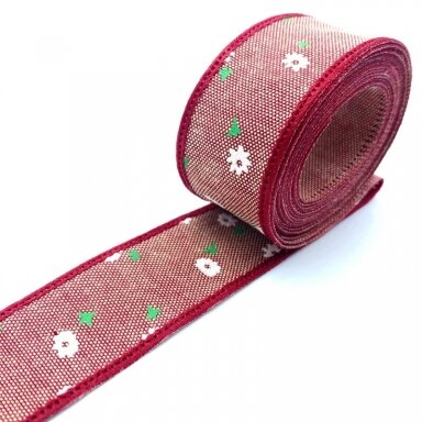 25mm bordo sp. medvilninė juostelė su gėlytėmis, 1m
