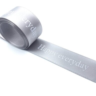 25mm pilkos sp. atlasinė juostelė "HAPPY EVERYDAY", 1m