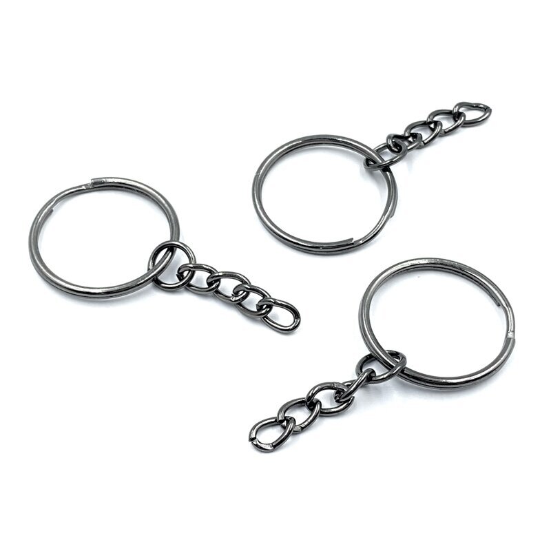 25mm juodintos sp. raktų pakabukų žiedai su grandinėle, 6vnt.