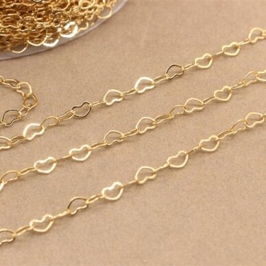 3mm 24k aukso sp. nerūdijančio plieno lituota grandinėlė su širdutėmis, 1m 3mm 24k aukso sp. nerūdijančio plieno lituota grandinėlė su širdutėmis, 1m