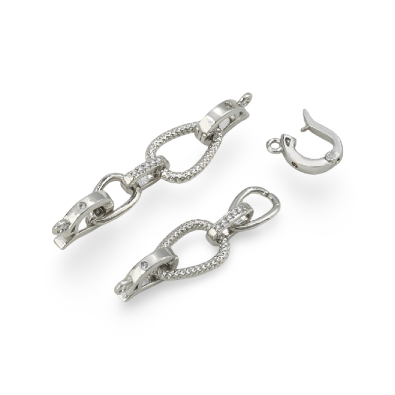 46x11mm platinos sp. nerūdijančio plieno užsegimas su žiedeliais, 1vnt.
