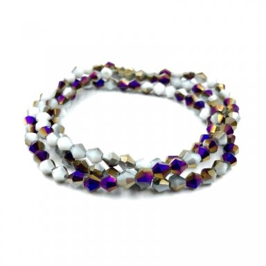 4mm matiniai baltos ir violetinės AB sp. bicone formos karoliukai, apie 50cm juosta 4mm matiniai baltos ir violetinės AB sp. bicone formos karoliukai, apie 50cm juosta