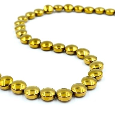 6mm 18k aukso sp. disko formos hematitas, 40cm juosta 6mm 18k aukso sp. disko formos hematitas, 40cm juosta