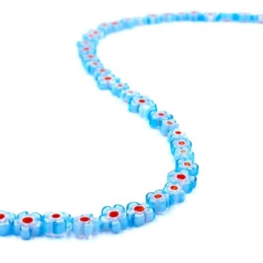 6mm žydros sp. gėlės formos murano stiklo karoliukai, 40cm juosta