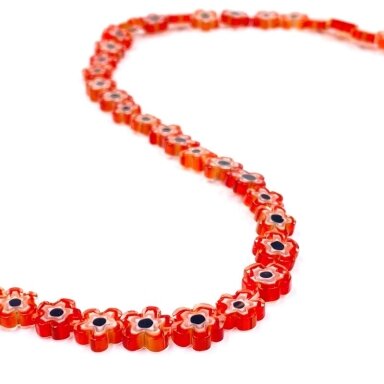 8mm raudonos sp. murano stiklo karoliukai gėlytės, 37cm juosta