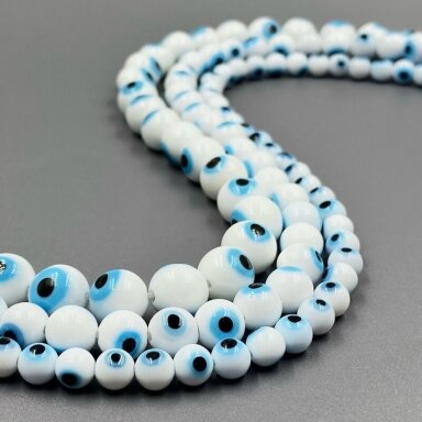 10mm baltos sp. murano stiklo karoliukai Fatimos akis, 37cm juosta