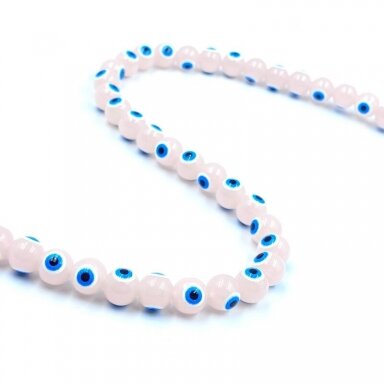 8mm rožinės sp. stiklo karoliukai Fatimos akis, 37cm juosta