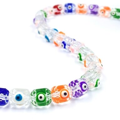 9x8mm skaidrios sp. murano stiklo karoliukai Fatimos akis, 37cm juosta